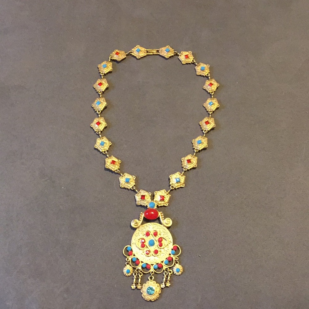 Gold, red, and turquoise Statement Necklace